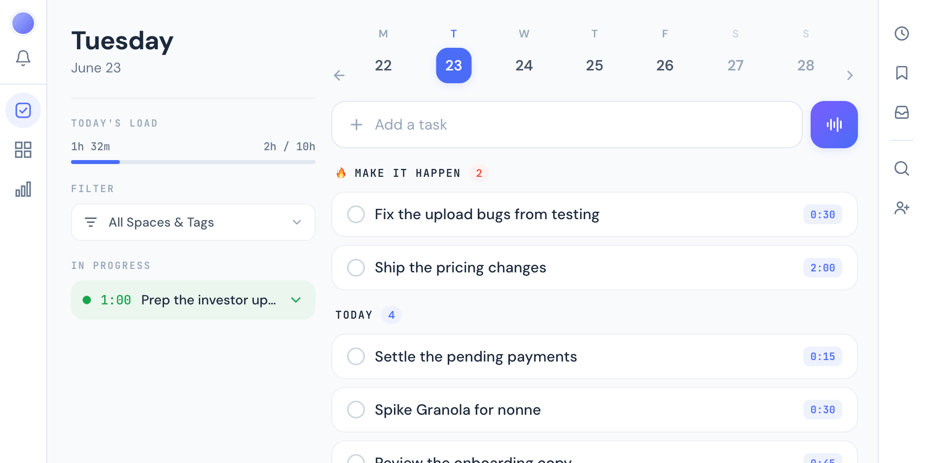 The nonne web app, Today view